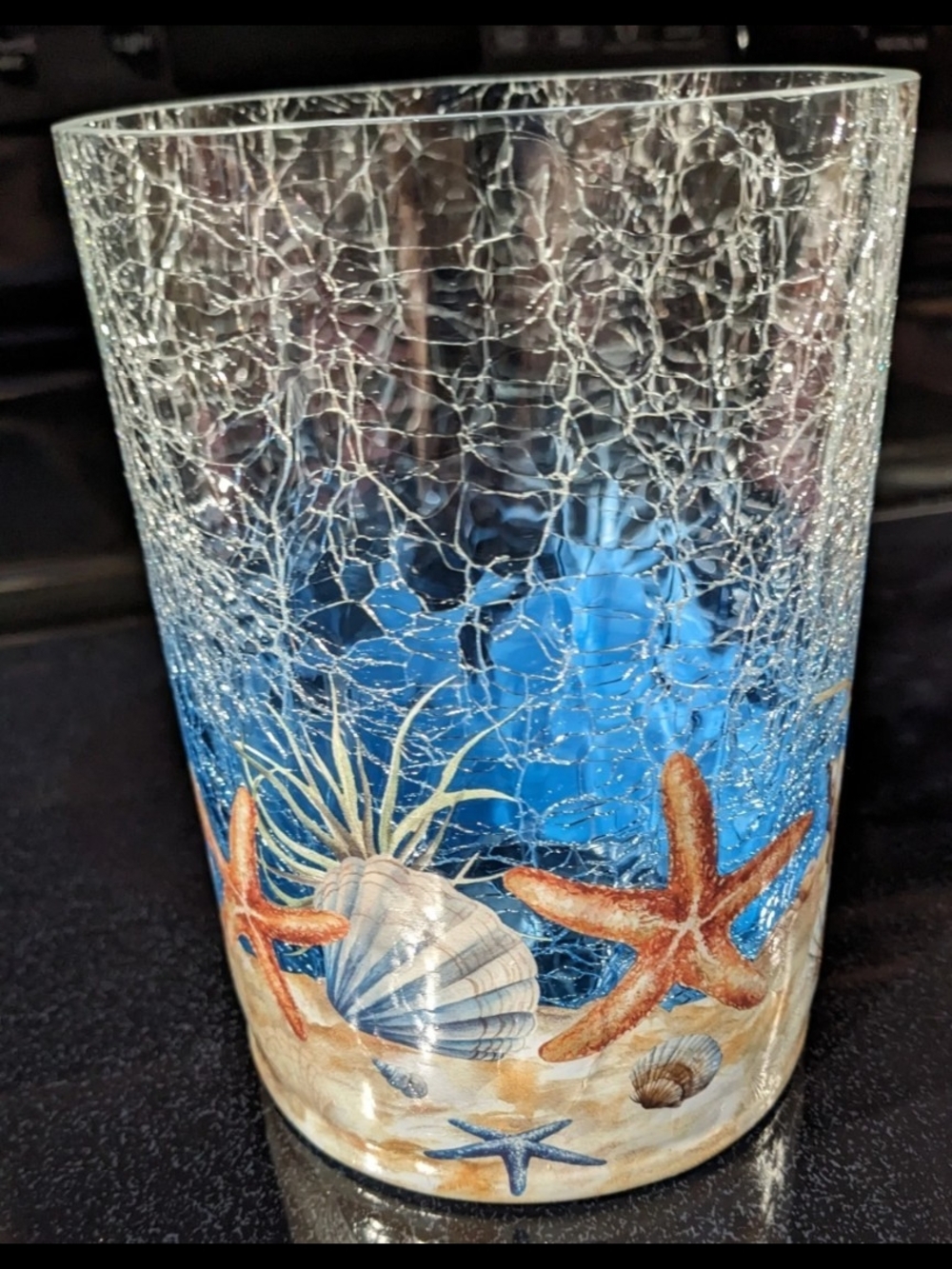 Yankee Candle Coastal Starfish & Seashells Crackle Glass Jar Holder 7" Blues